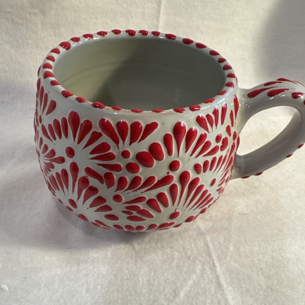 Artisanal Mexican POTTERY Terra-Cotta Floral Embossed 16oz Coffee Cup‎ Soup Mug